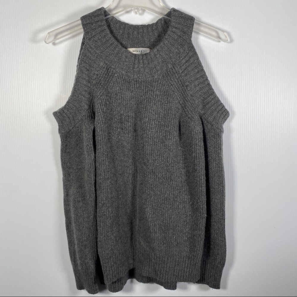 MILLY Cold Shoulder Sweater. Gray Wool/Cashmere